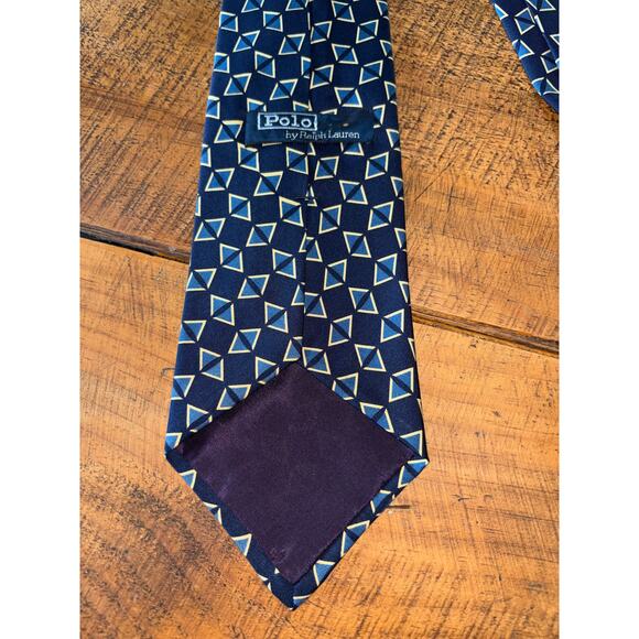 Mens Polo Ralph Lauren‎ Vintage Blue Triangle Geometric Design 100% Silk Tie - Picture 4 of 5